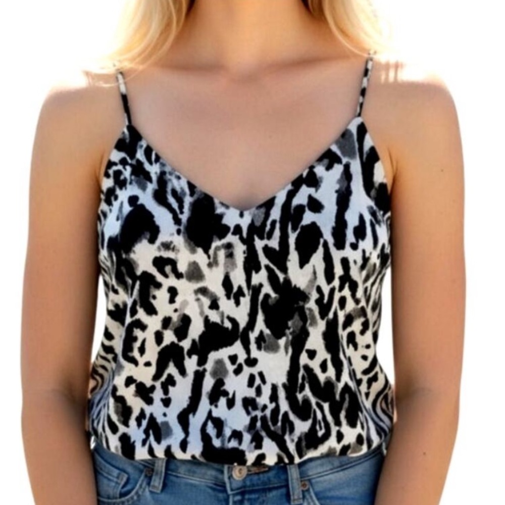 Free Press V neck thin strap tank top in black leopard animal print